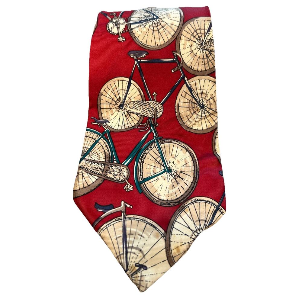 Andre Gianni Men’s Red Silk Tie Bicycle Schwinn Bikes Print 3.75” Made In USA